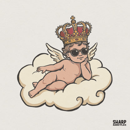 Vintage style illustration of a cute cherub wearing dark sunglasses and an ornate golden crown while lounging on a fluffy cloud.