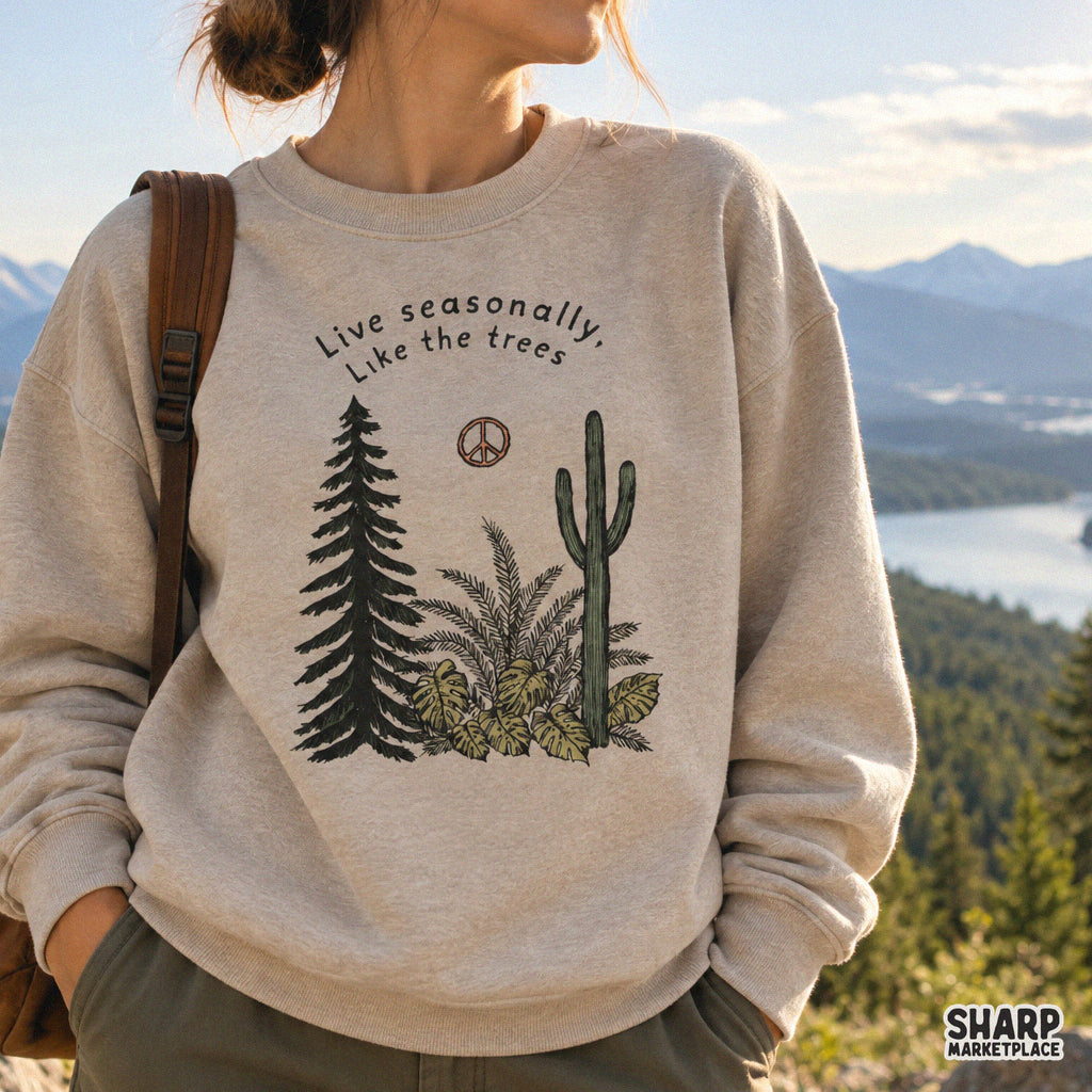 Live Seasonally like the trees retro botanical PNG graphic design for trendy summer and fall t-shirts
