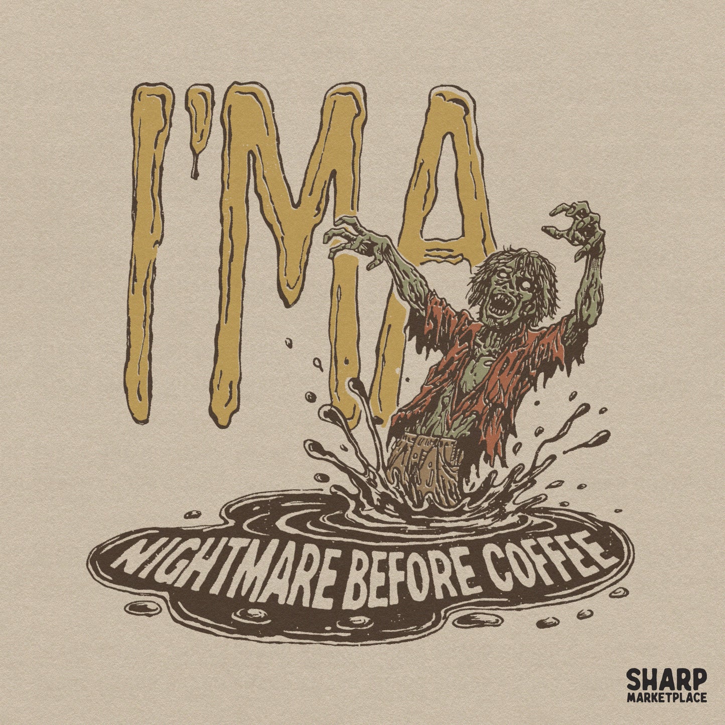 Zombie monster holding a coffee mug with sarcastic nightmare before coffee text in a spooky retro halloween png style