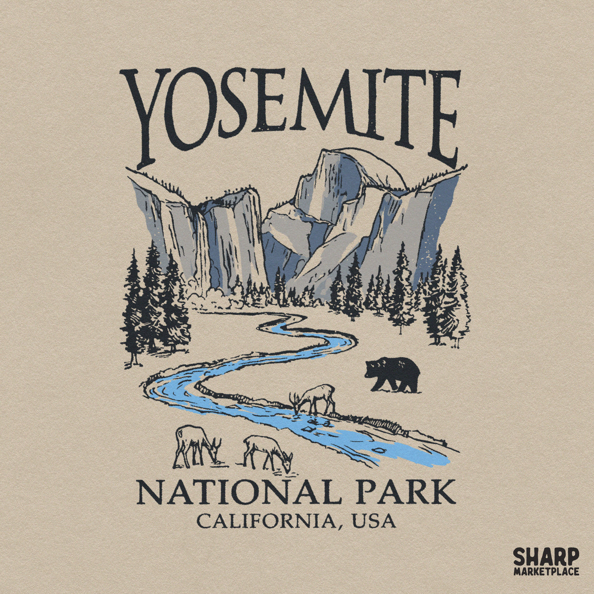 Retro Yosemite National Park California bear camping PNG graphic design for western summer t-shirts and apparel