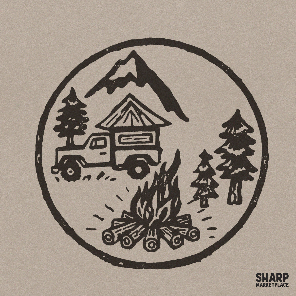 Rustic truck camper in the mountains with pine trees and campfire retro camping png for sublimation