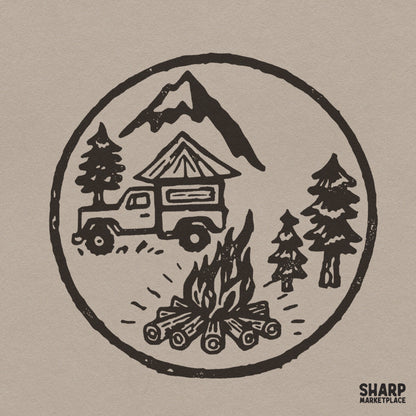 Rustic truck camper in the mountains with pine trees and campfire retro camping png for sublimation