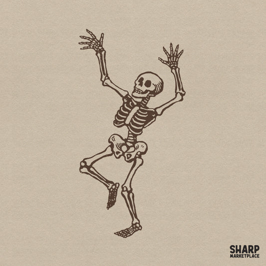 Vintage dancing skeleton illustration with spooky vibes for Halloween shirts and fall digital sublimation designs