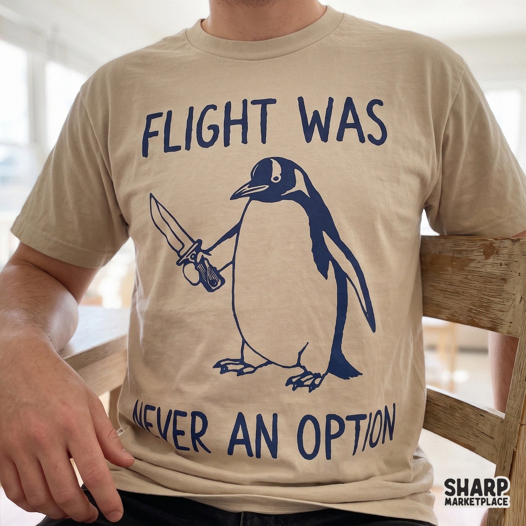 Funny unhinged penguin holding a knife with sarcastic Flight Was Never An Option text for sublimation shirt designs
