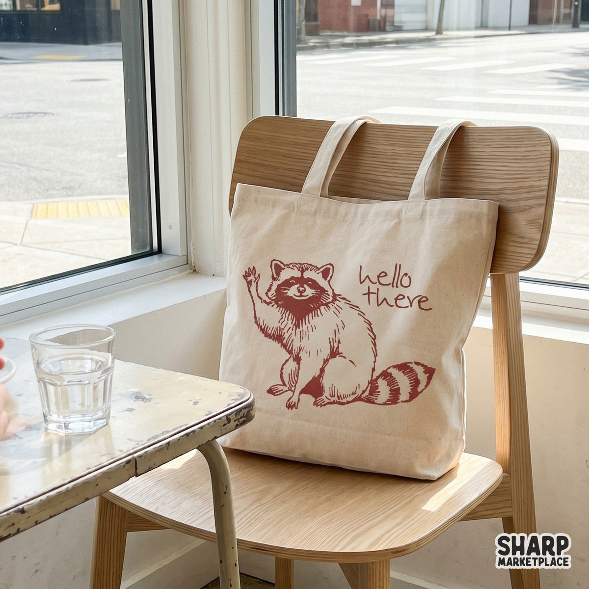 A tote bag featuring a maroon ink design of a cute waving raccoon and the phrase hello there, ideal for custom woodland-themed accessories.
