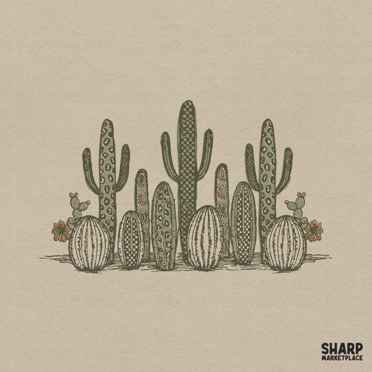 Boho western cactus garden with leopard and checkered patterns for summer sublimation t-shirt designs