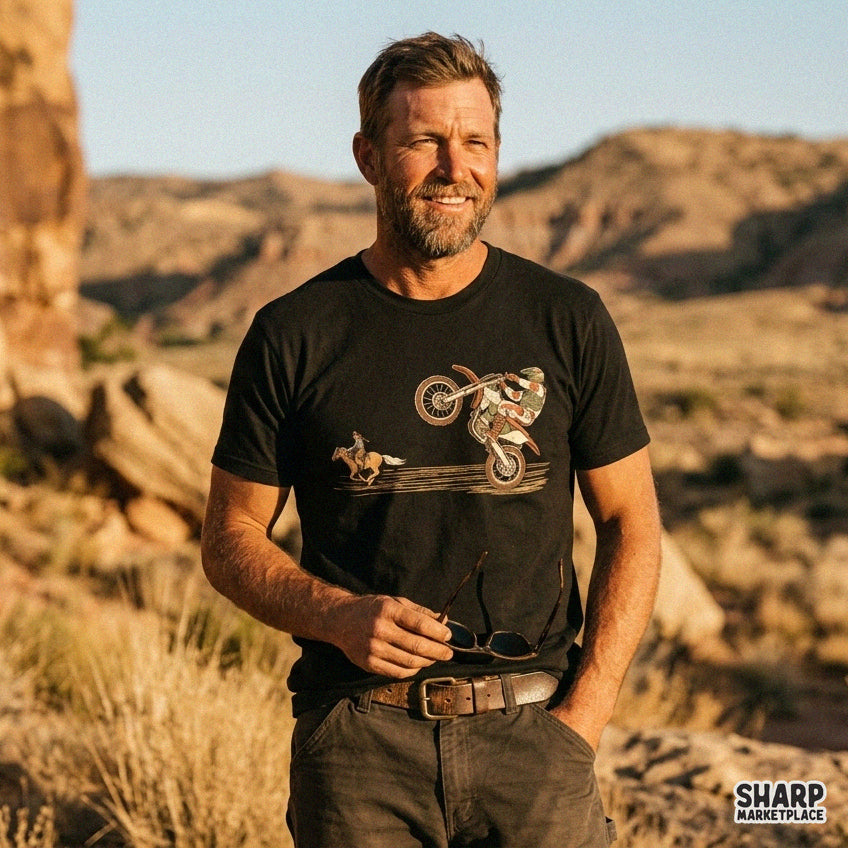 Retro motocross dirt bike rider racing a horseback cowboy in a western wild west graphic for t-shirt sublimation