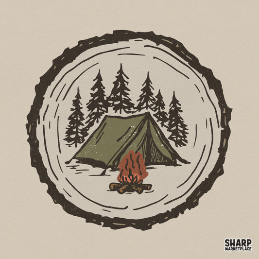 Hand-drawn camping badge PNG featuring an olive green tent, pine forest, and campfire inside a rustic wood slice grain for sublimation projects.