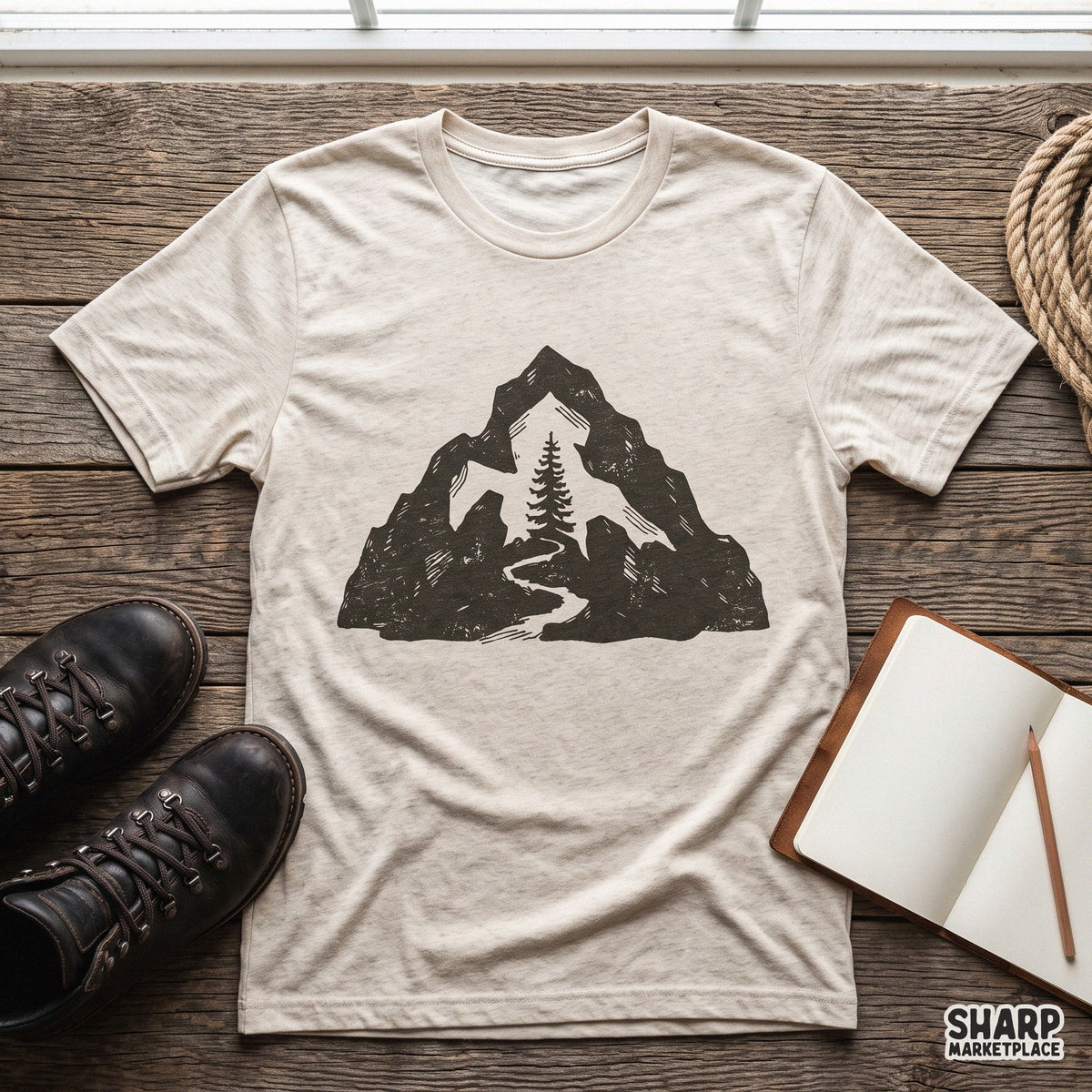 Mountain silhouette with pine trees and river cutout for camping t-shirts and outdoor adventure crafts