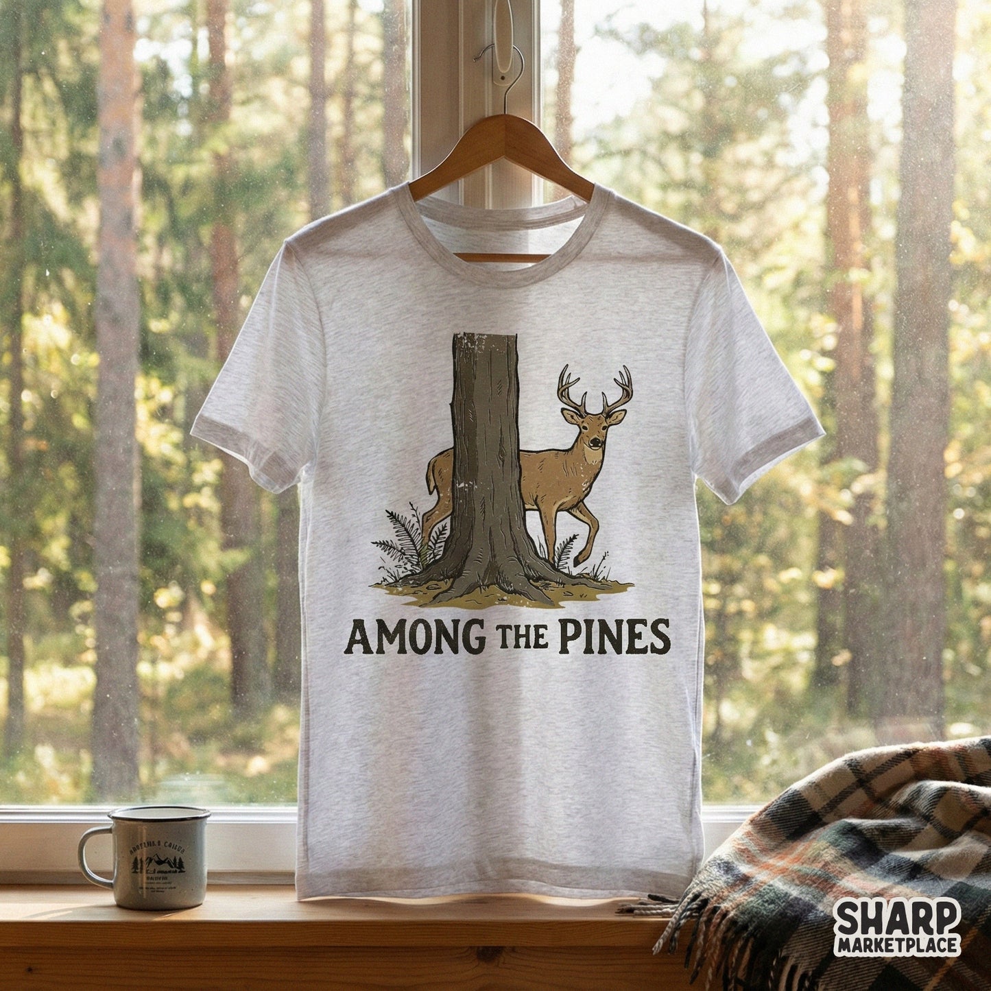 Rustic wildlife illustration of a deer emerging from behind a tree, designed for printable projects like stickers, tumblers, and nature inspired decor.