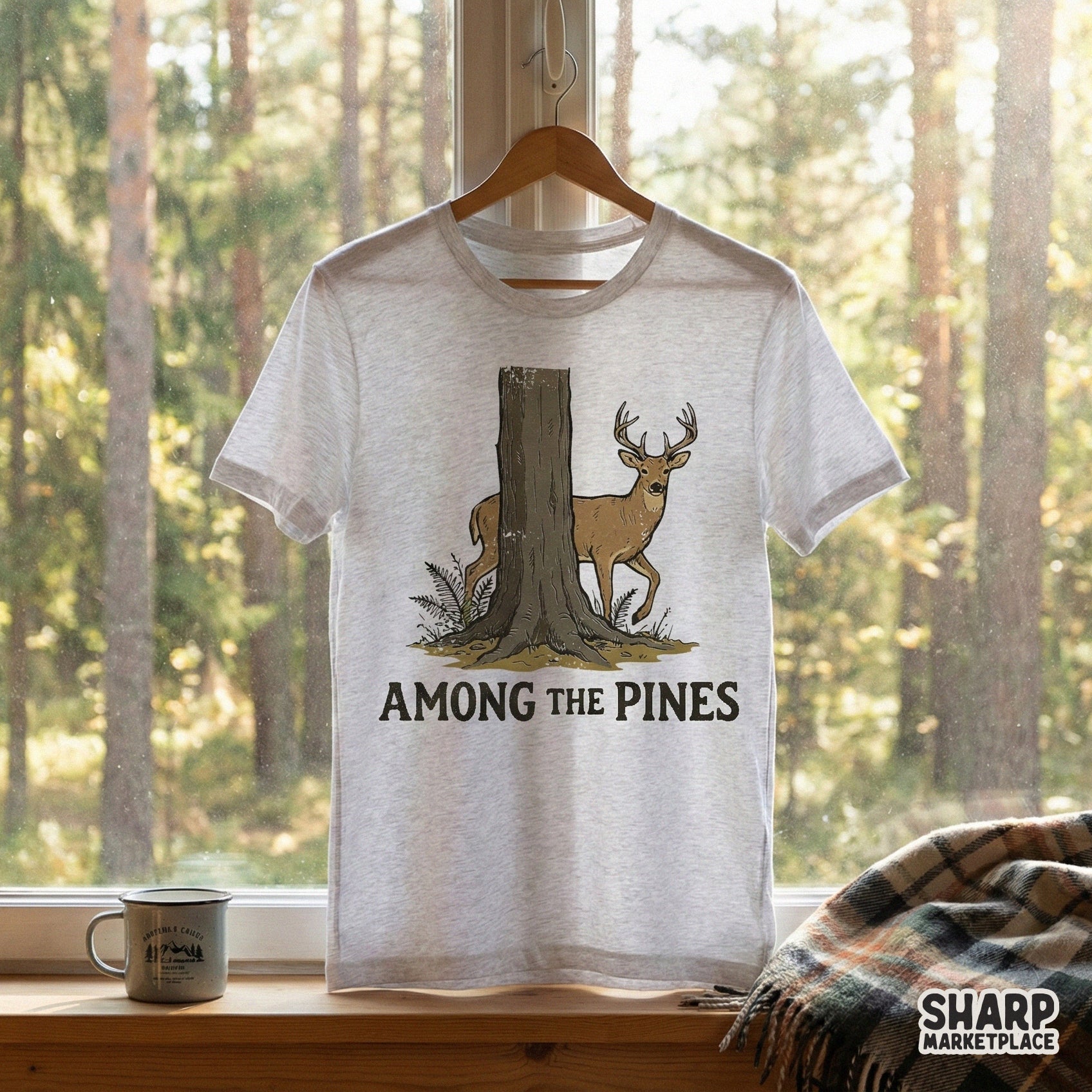 Rustic wildlife illustration of a deer emerging from behind a tree, designed for printable projects like stickers, tumblers, and nature inspired decor.