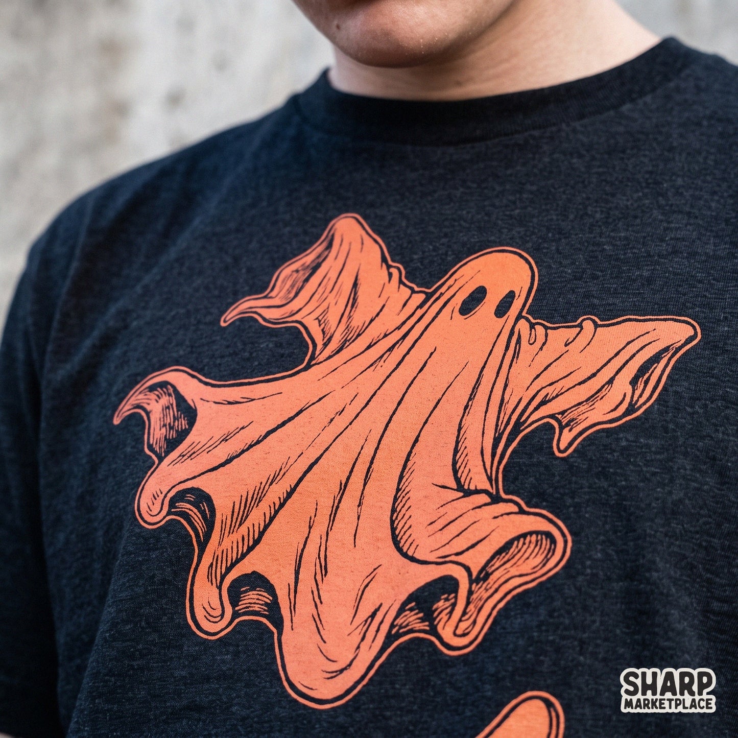 Retro orange skater ghost riding a skateboard, cute spooky Halloween PNG graphic for trendy fall shirts and apparel design