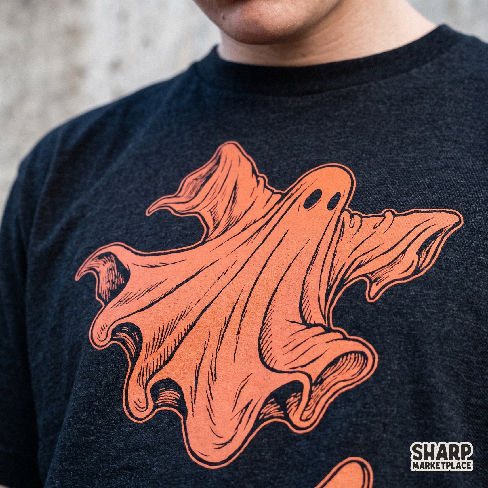 Retro orange skater ghost riding a skateboard, cute spooky Halloween PNG graphic for trendy fall shirts and apparel design