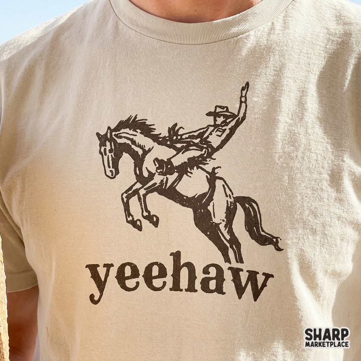 High resolution western rodeo art with a bucking bronco silhouette and Yeehaw lettering, designed for DIY sublimation, tumblers, and rustic home decor.