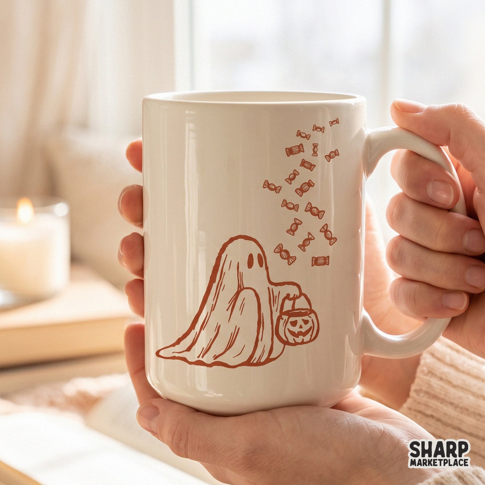 Retro ghost holding a trick or treat candy bucket for cute Halloween tumbler wraps and spooky season sublimation designs