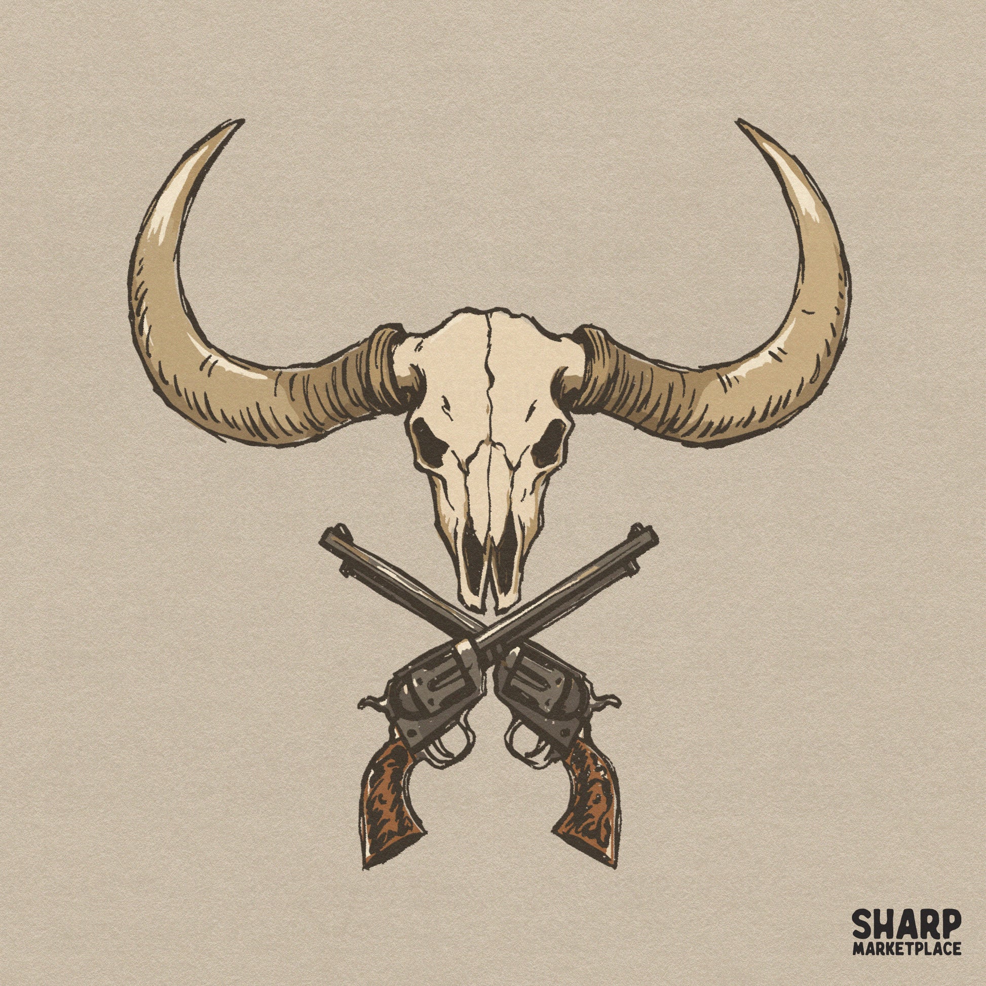 Western Longhorn bull skull with crossed pistols PNG for rugged cowboy outlaw t-shirts and hunting apparel design