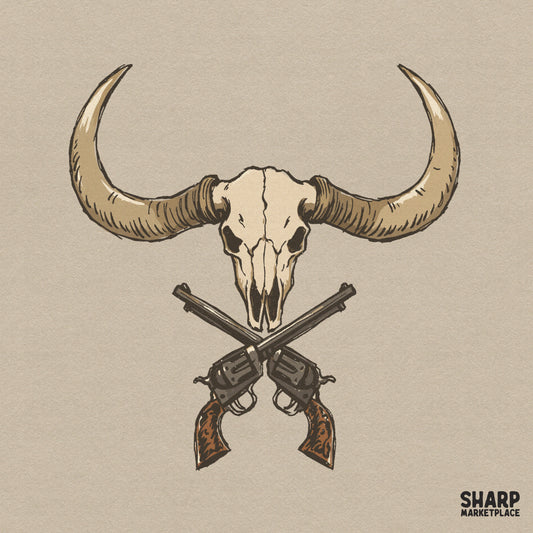 Western Longhorn bull skull with crossed pistols PNG for rugged cowboy outlaw t-shirts and hunting apparel design
