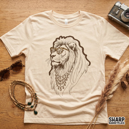 Stylish lion wearing sunglasses graphic illustration for trendy t-shirts and wildlife art sublimation projects