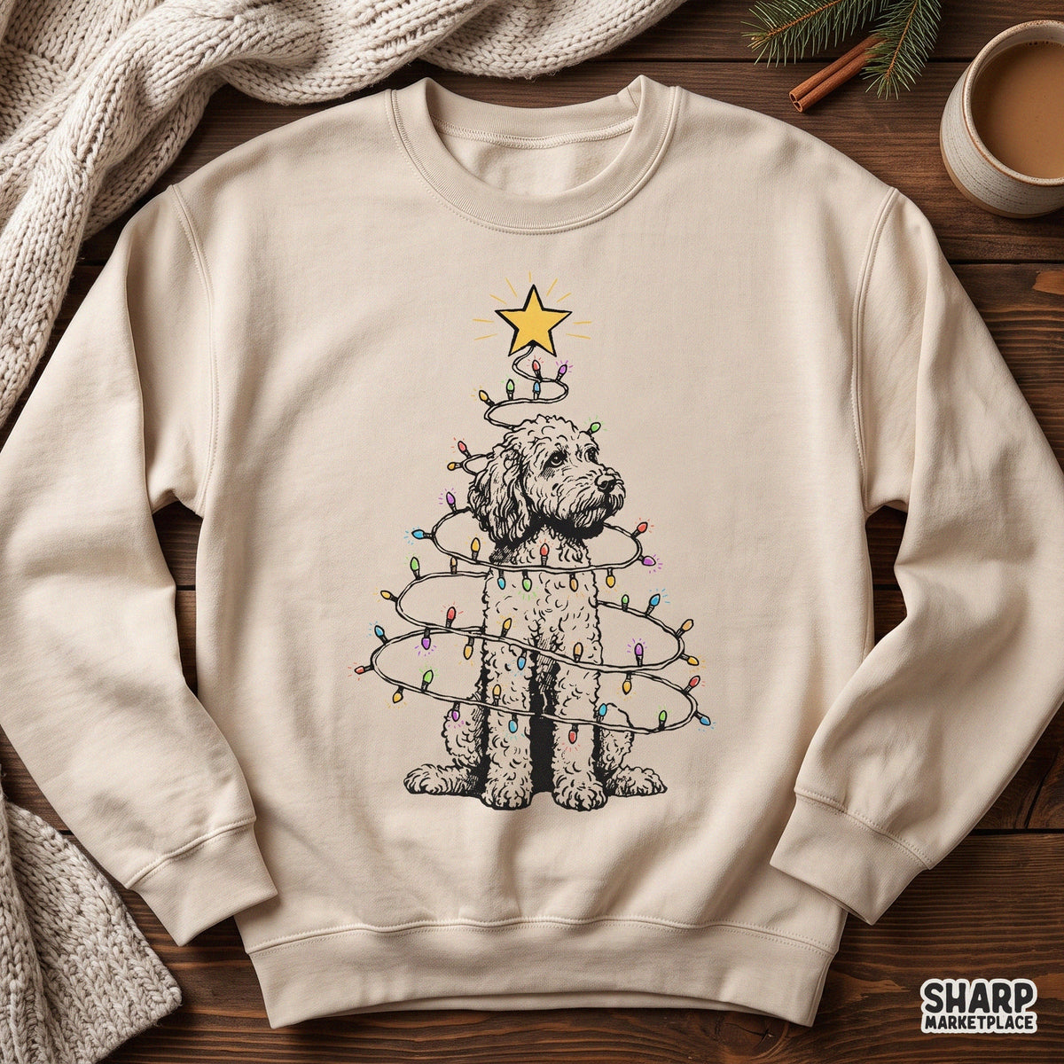 Goldendoodle Wrapped In Holiday Lights Christmas PNG