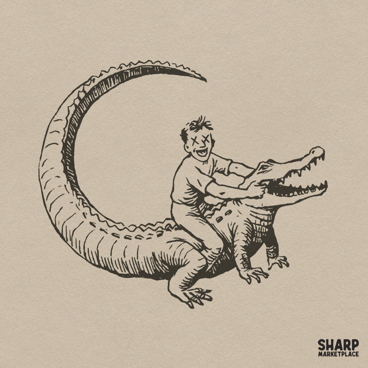 Funny vintage drawing of a boy riding an alligator in a swamp scene, retro digital PNG for t-shirts and sublimation
