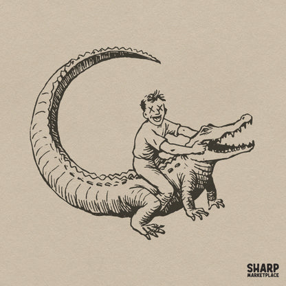Funny vintage drawing of a boy riding an alligator in a swamp scene, retro digital PNG for t-shirts and sublimation