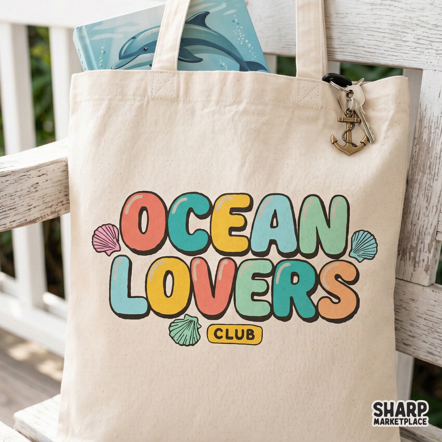 Vibrant Ocean Lovers Club typography with shell illustrations, perfect for creating custom summer t-shirts, beach stickers, or coastal-inspired wall art.