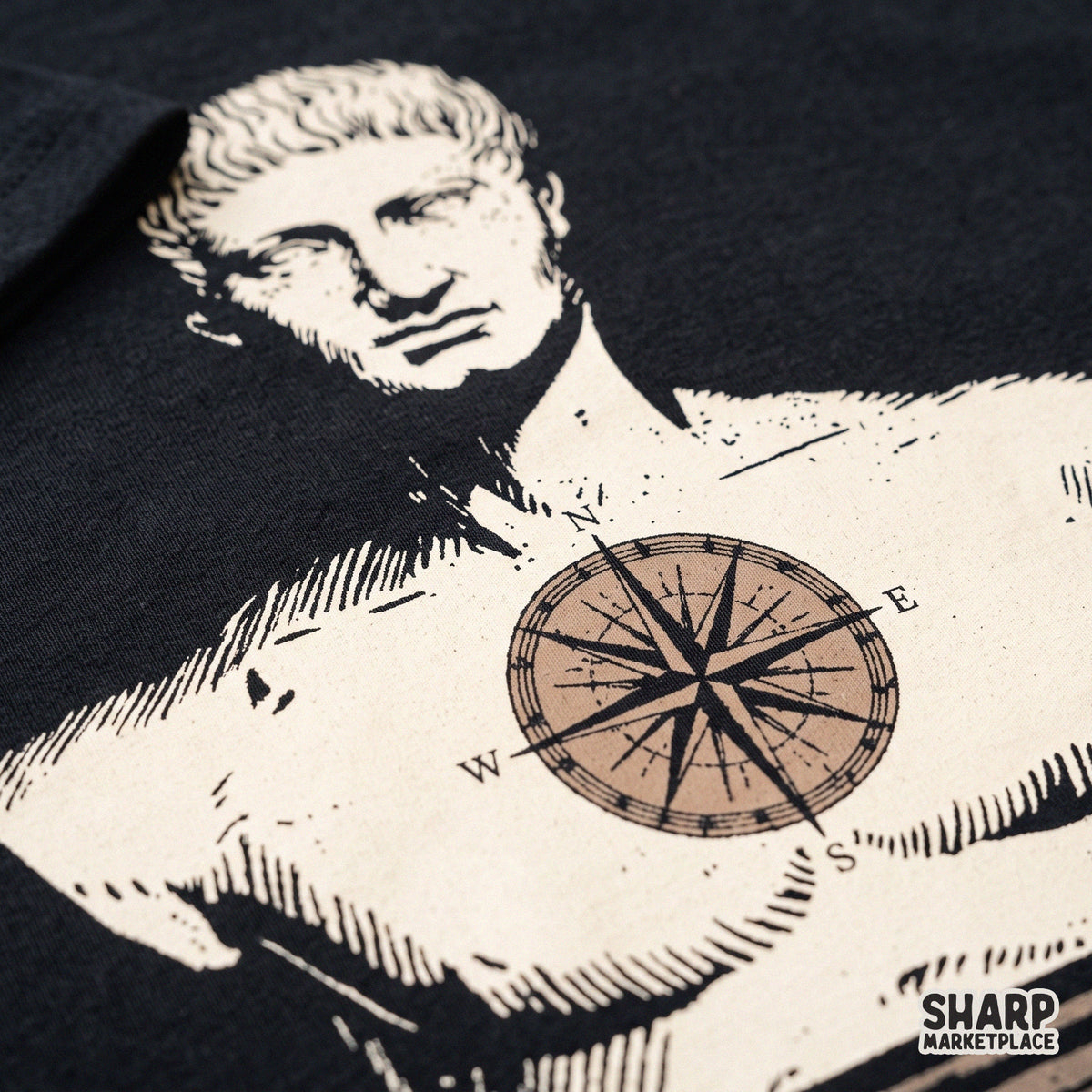 Classical Roman bust with compass rose map design in dark academia aesthetic for shirt and tumbler sublimation PNG