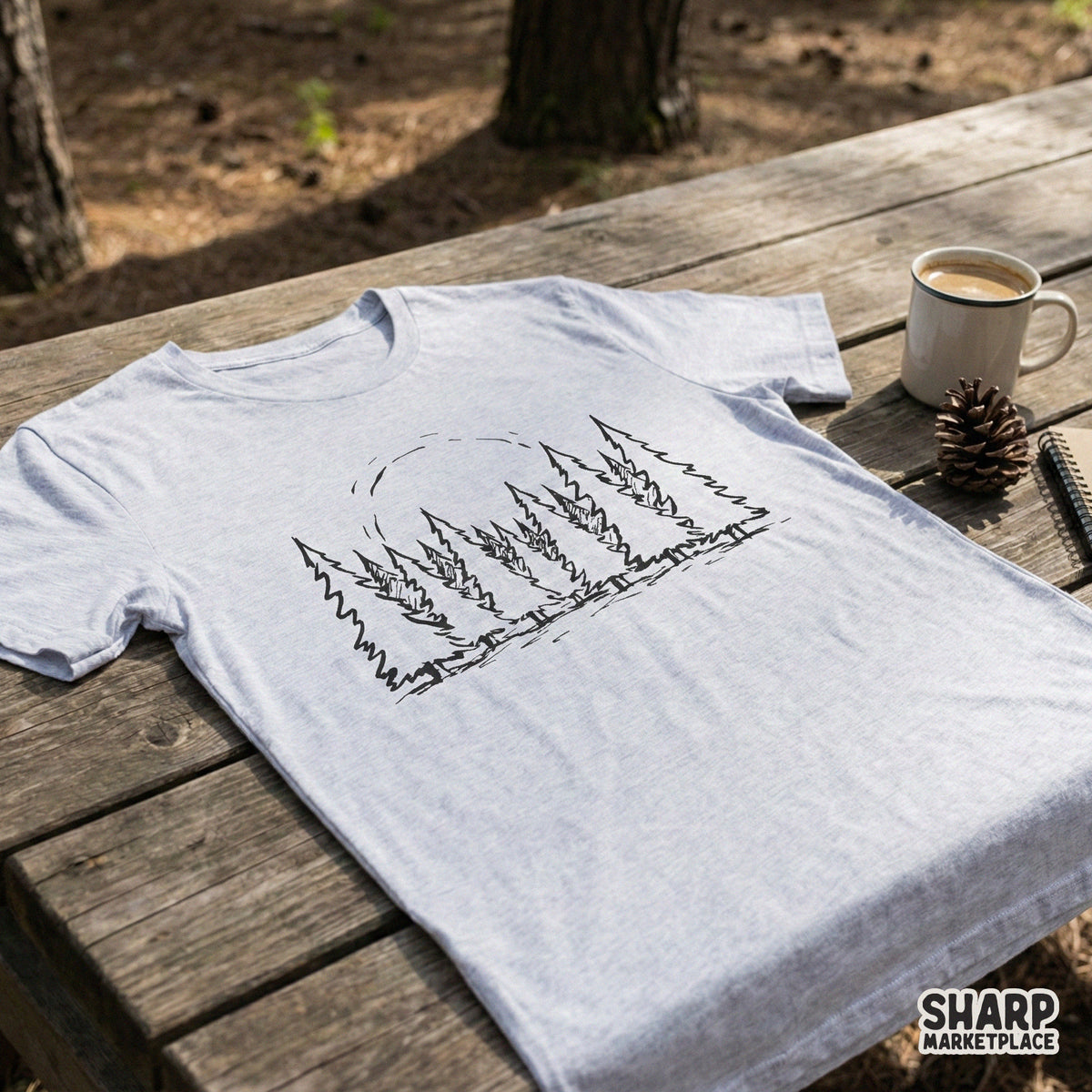 A grey t-shirt featuring a black minimalist pine tree forest graphic with a sun arc, perfect for outdoor adventure apparel and custom nature designs.