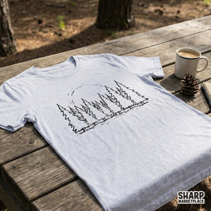 A grey t-shirt featuring a black minimalist pine tree forest graphic with a sun arc, perfect for outdoor adventure apparel and custom nature designs.