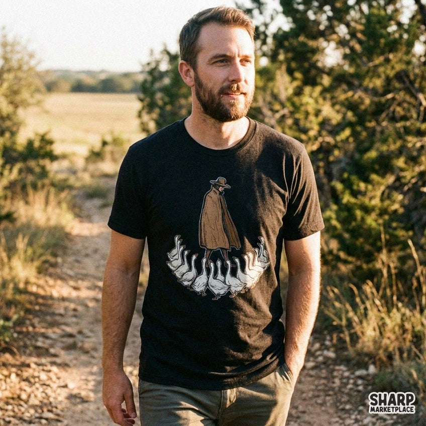 Vintage drawing of a man followed by a flock of geese funny retro png graphic for fall shirts and apparel