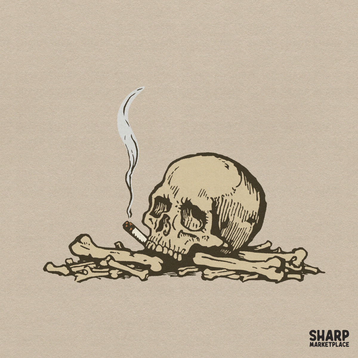 Edgy vintage gothic smoking skull on a pile of bones illustration PNG design for spooky Halloween t-shirts