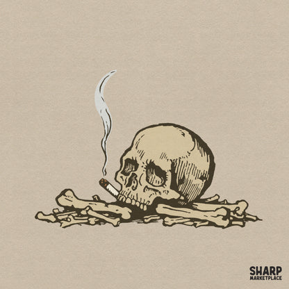 Edgy vintage gothic smoking skull on a pile of bones illustration PNG design for spooky Halloween t-shirts
