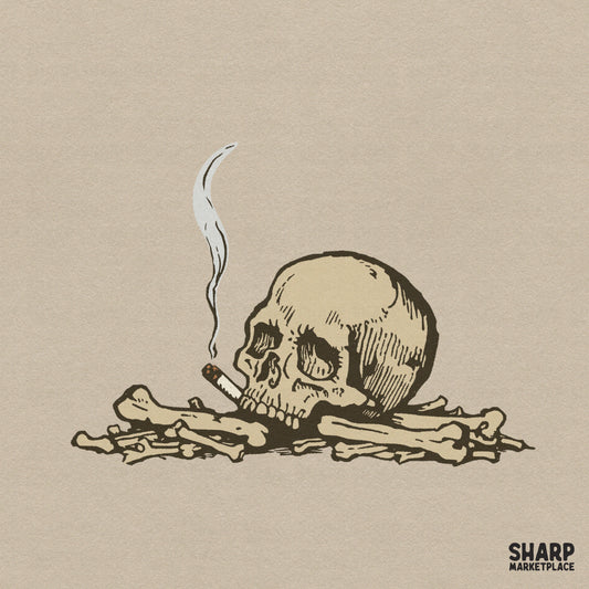 Edgy vintage gothic smoking skull on a pile of bones illustration PNG design for spooky Halloween t-shirts