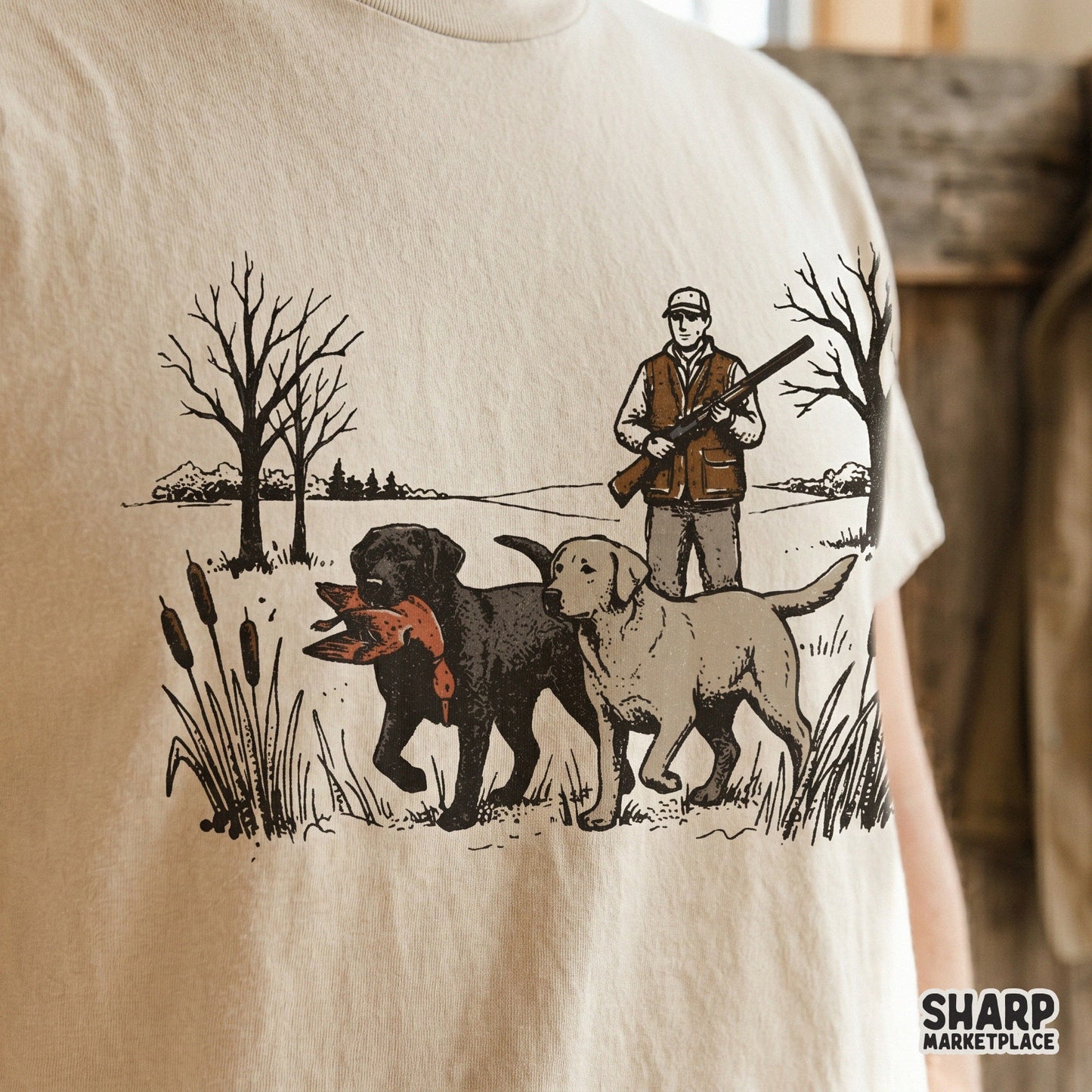 Rustic duck hunter artwork with loyal retrievers in a marsh setting, suitable for creating hunting-themed stickers, tumblers, and apparel.