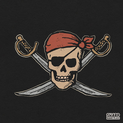Vintage pirate skull and crossed swords sublimation design for Halloween shirts and Jolly Roger digital PNG crafts