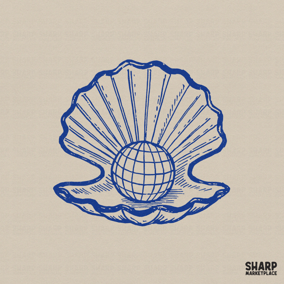 Vintage cobalt blue line art of a seashell opening to reveal a globe, perfect for coastal-themed sublimation, stickers, and apparel designs.