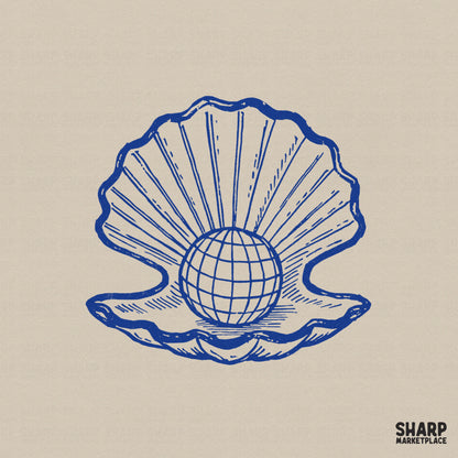 Vintage cobalt blue line art of a seashell opening to reveal a globe, perfect for coastal-themed sublimation, stickers, and apparel designs.