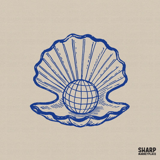 Vintage cobalt blue line art of a seashell opening to reveal a globe, perfect for coastal-themed sublimation, stickers, and apparel designs.