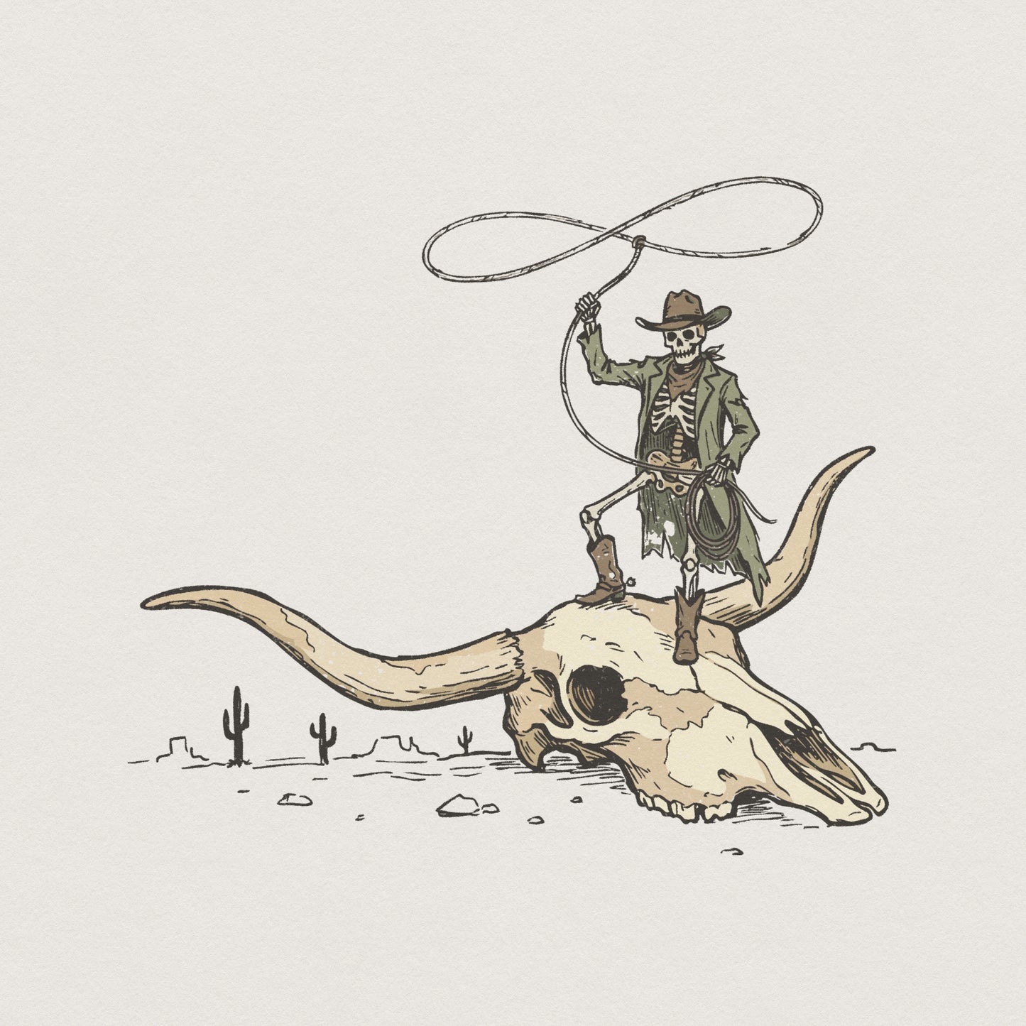 Cowboy Skeleton on Longhorn Skull PNG, Western Art - 300 DPI Design for