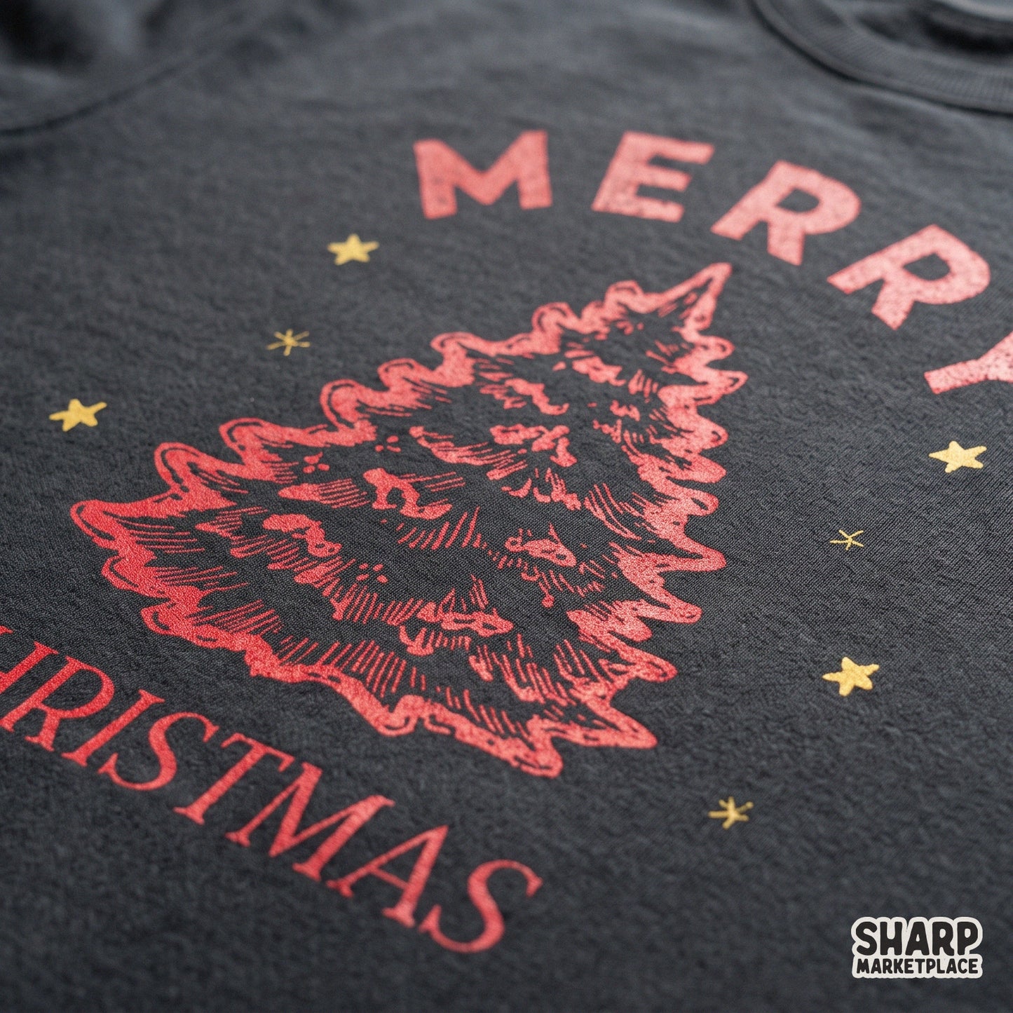 Red sketched pine Christmas tree PNG with star doodles for retro holiday apparel and sublimation designs