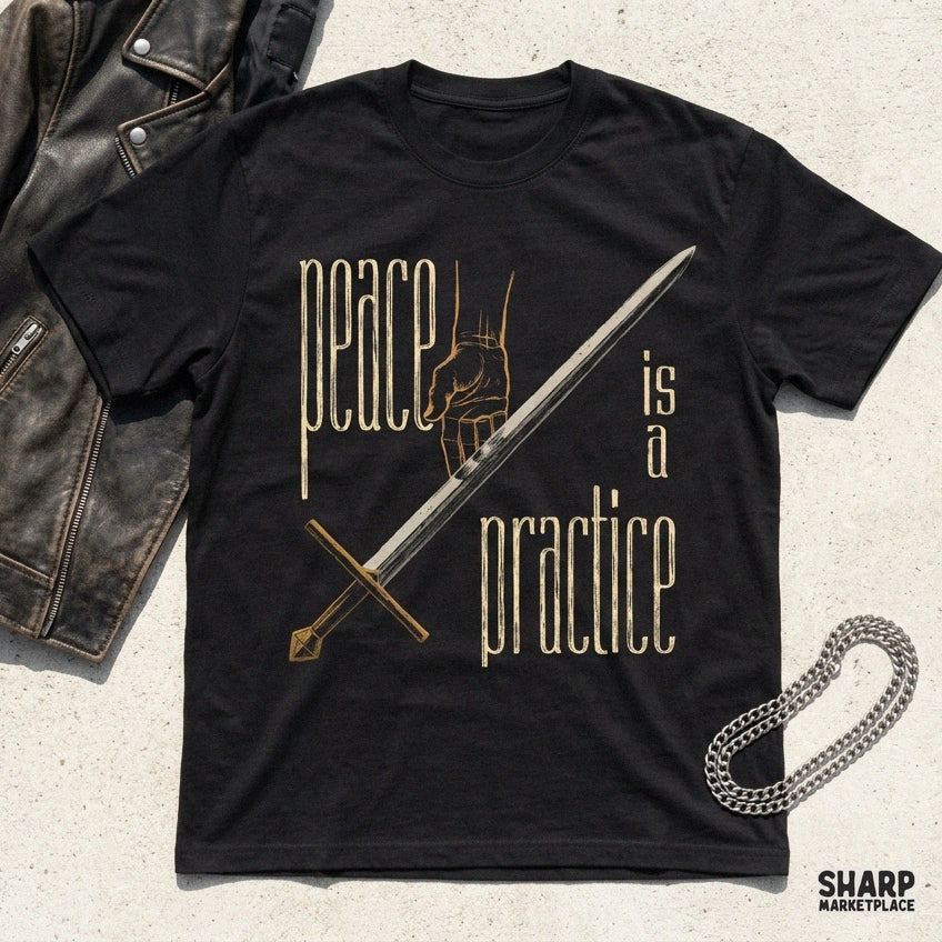 Peace Is A Practice mystical line art of hand holding sword for Christian t-shirt PNG graphics