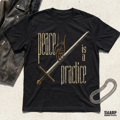 Peace Is A Practice mystical line art of hand holding sword for Christian t-shirt PNG graphics
