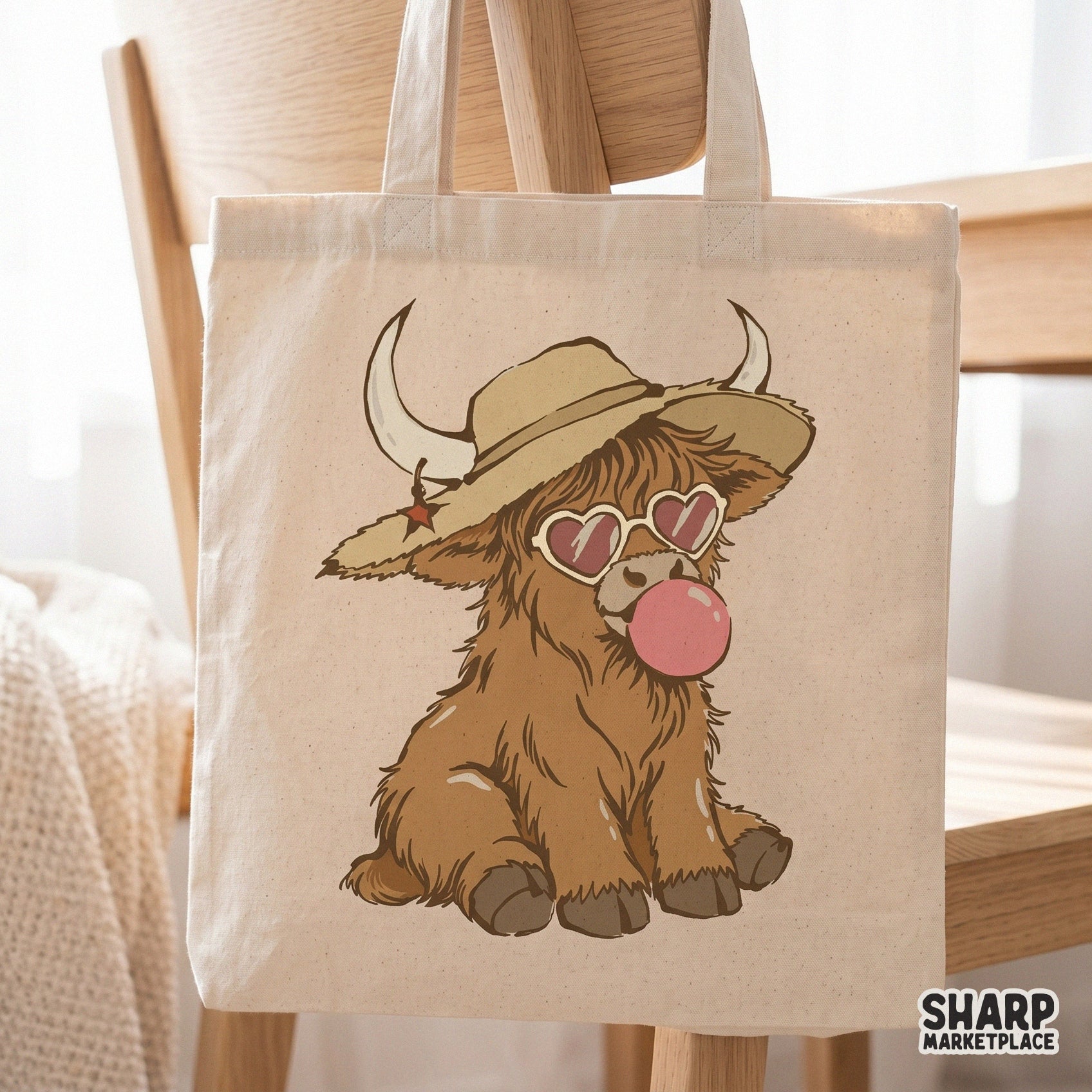 Coquette aesthetic highland cow clipart with bubblegum and heart glasses, ideal for creating unique stickers, apparel, and sublimation tumblers.
