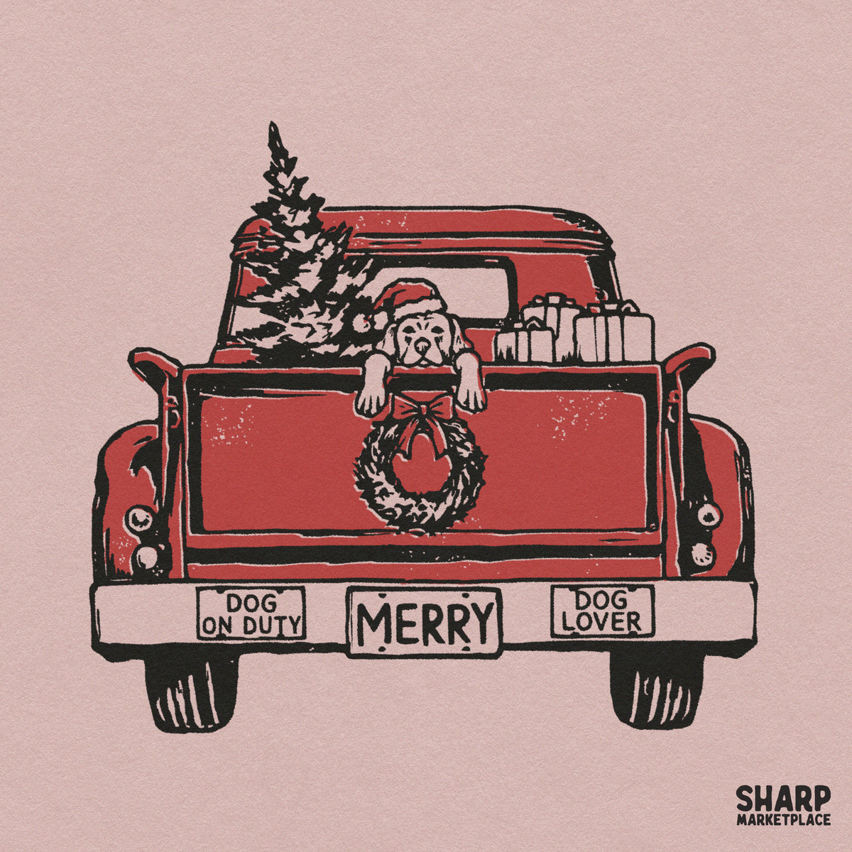 Dog on duty Christmas PNG shirt design with a vintage red truck and holiday puppy for sublimation