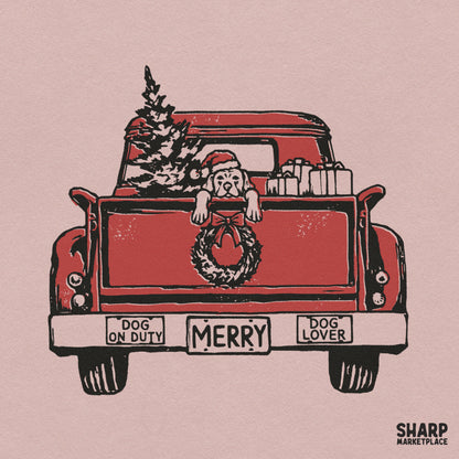 Dog on duty Christmas PNG shirt design with a vintage red truck and holiday puppy for sublimation