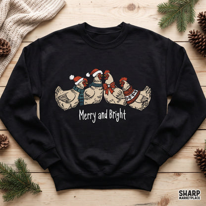 Cute winter chickens in sweaters Merry and Bright Christmas PNG clipart for festive holiday t-shirt sublimation