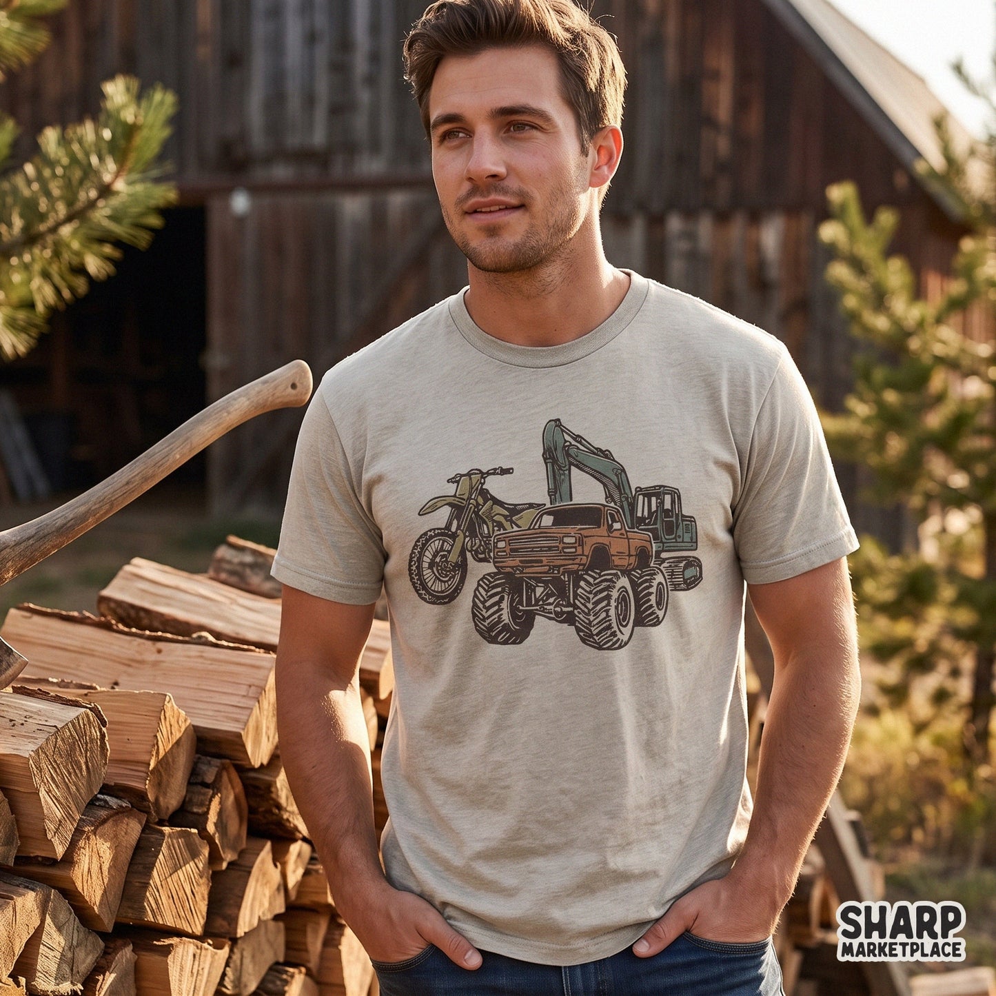 Vintage heavy equipment graphic artwork featuring a lifted monster truck in a retro style for DTF shirt png sublimation designs