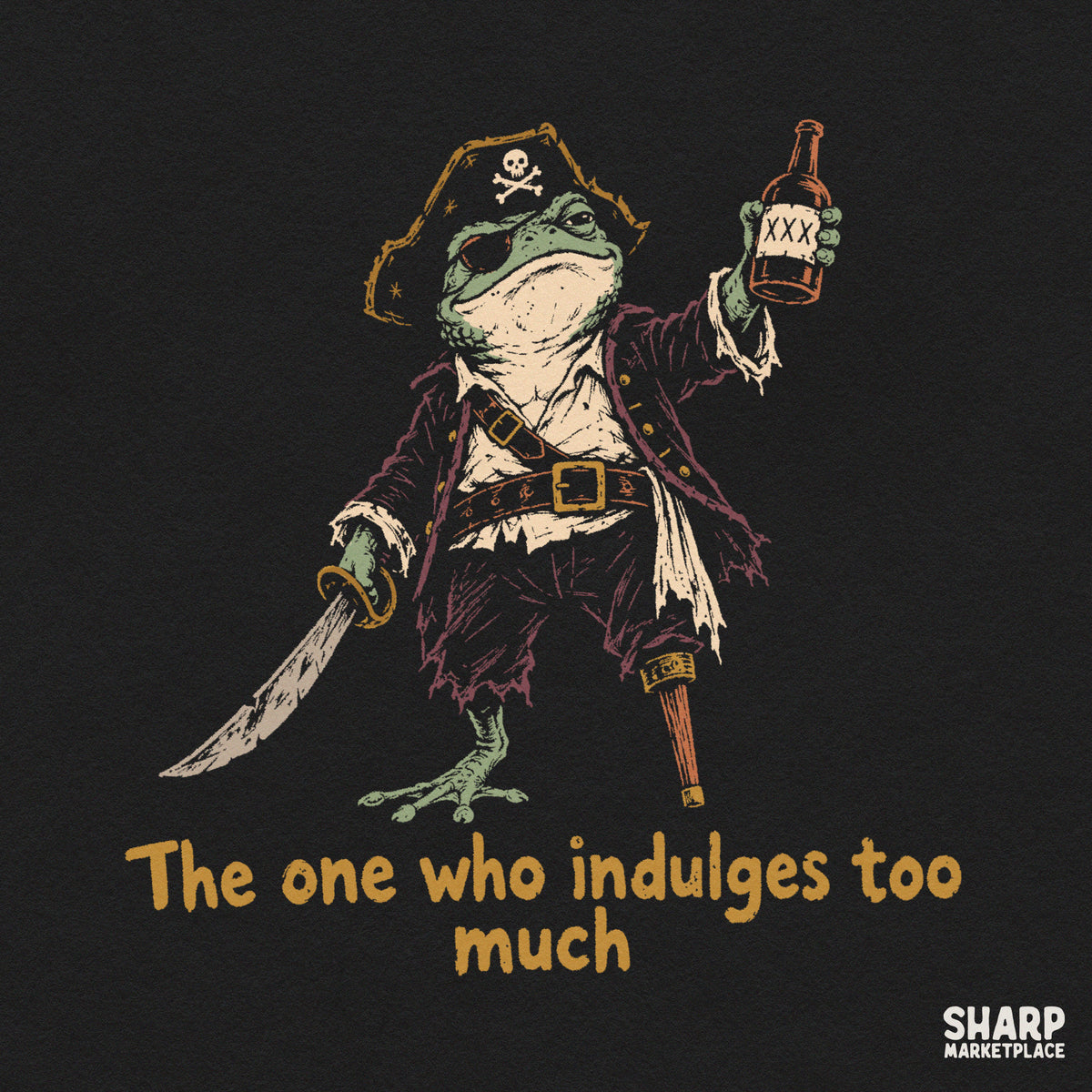 Funny pirate frog drinking rum retro illustration PNG for summer cruise apparel and crafts