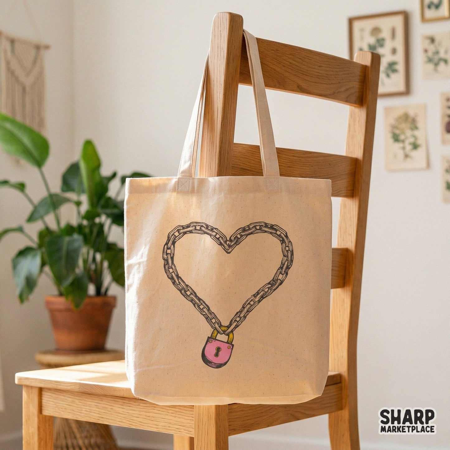 Tote bag featuring a grunge style chain heart illustration with a pink padlock, perfect for alternative apparel and DIY gifts.