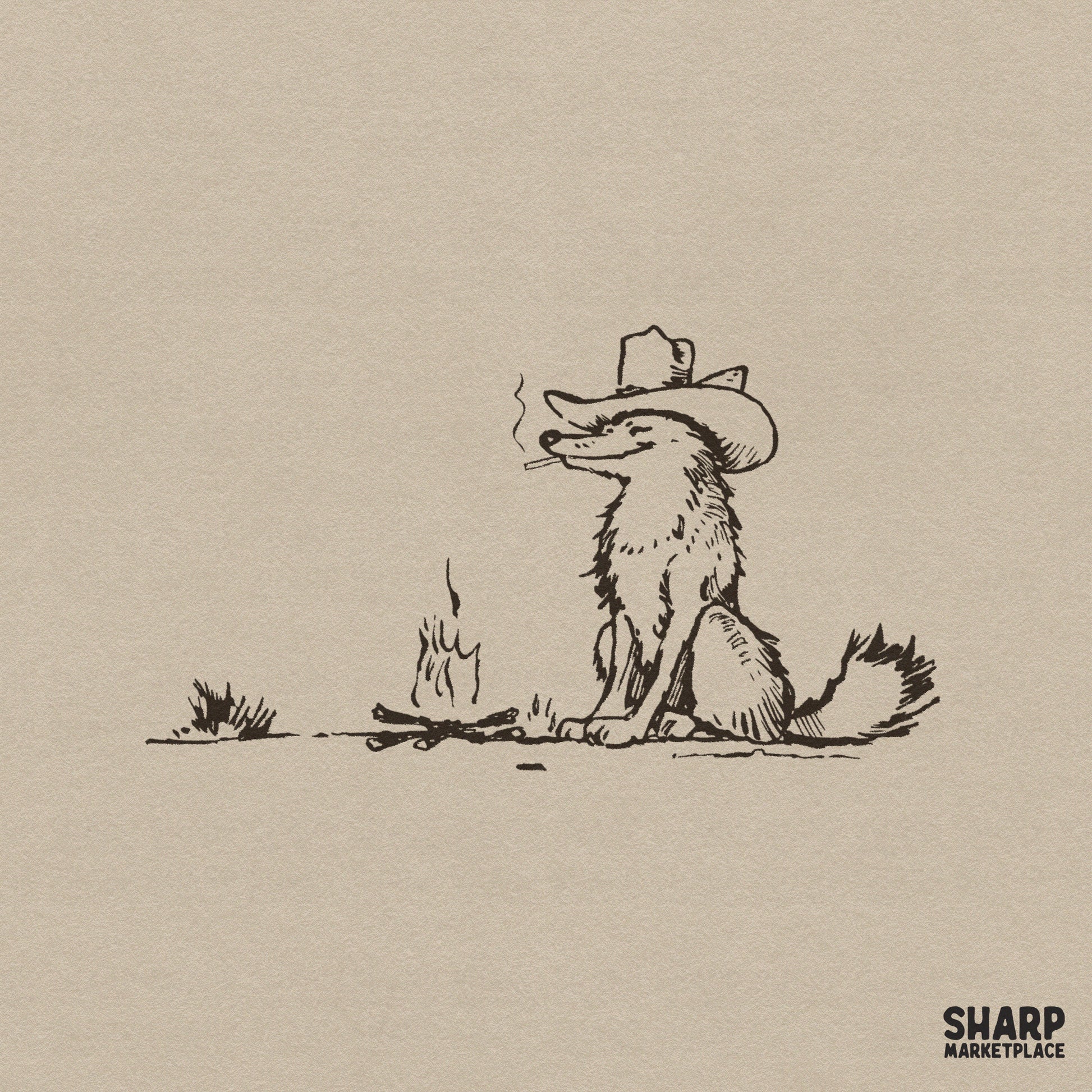 Hand-drawn vintage sketch of a fox wearing a cowboy hat and smoking by a campfire, perfect for western-themed sublimation and apparel designs.